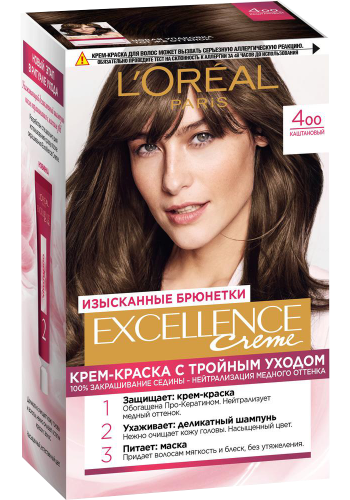 L'Oreal Paris Excellence Cool Creme soch bo'yog'i ton 4 kashtan, 192 ml