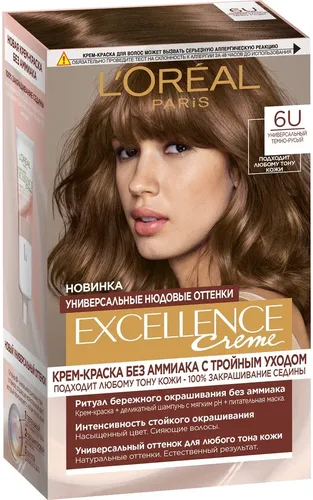 Крем-краска для волос без аммиака L''Oreal Paris Excellence Crème, тон 6U, универсальный темный блонд, 192 мл