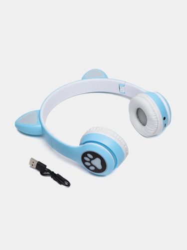 Беспроводные Bluetooth наушники Сat Ear VZV-23M с ушками и LED подсветкой , Лазурный