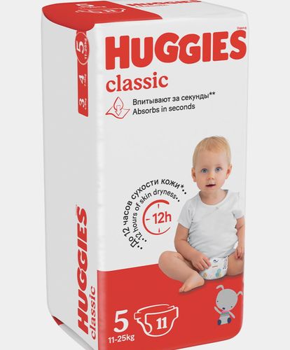 Huggies classic Подгузники Размер 5 (11-25 кг) Мягкие барьерчики Тянущийся поясок Дышащие материалы, 11 шт.