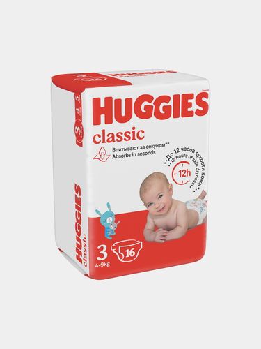 Huggies classic Подгузники Размер 3 (4-9 кг) С Защитой от Протеканий 360℃ Без Отдушек Хлора и Латекса Сухость Блок-гель  До 12 Часов 16 шт.