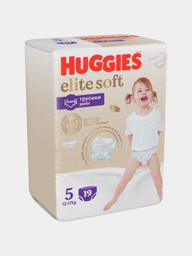 Huggies Elite Soft Трусики-подгузники Размер 5 (12-17 кг), Эластичный пояс Специальный внутренний кармашек Впитывающие подушечки Индикатор влаги, 19 шт