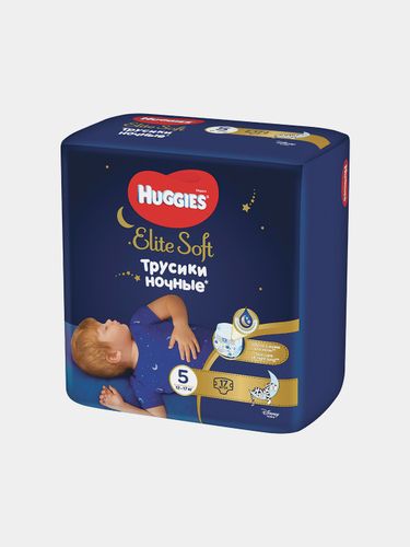 Huggies Elite Soft Трусики-подгузники Ночные подгузники-трусики Размер 5 (12-17 кг) 2-зонный цельный поясок Усиленный впитывающий слой  С индикатором влаги, 17 шт