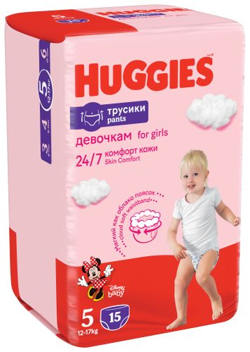 Huggies Трусики-подгузники Размер 5 Воздухопроницаемые микропоры Впитывающие каналы Для девочек (13-17 кг) 17 шт.