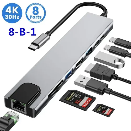 Разветвитель для ПК и MacBook USB Hub 8 в 1, Стальной