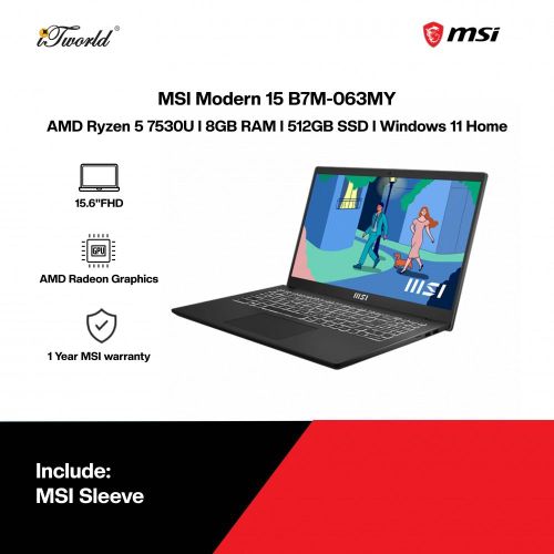 Noutbuk MSI Modern 15 B7M | AMD Ryzen 5 7530U | DDR4 8 GB | SSD 512 GB, купить недорого