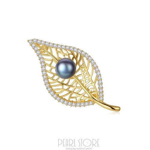 Серебряная брошь с черным жемчугом на филигранном листе PearlStore PGM0145-B1