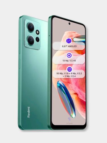 Смартфон Xiaomi Redmi Note 12, 1 год гарантии, Mint Green, 8/256 GB, купить недорого