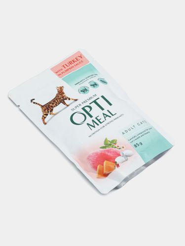Влажный корм для кошек Opti Meal с мясом индейки в тыквенном соусе, 85 г, купить недорого