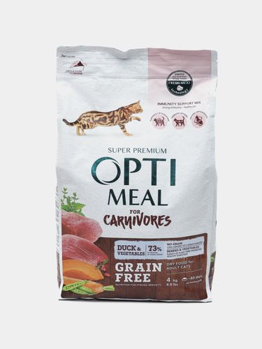 Сухой без зерновой корм Opti Meal для взрослых кошек с уткой и овощами, 4 кг