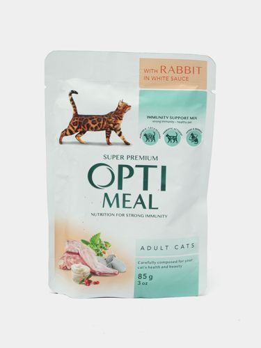 Влажный корм для кошек Opti Meal с мясом кролика в белом соусе, 85 г