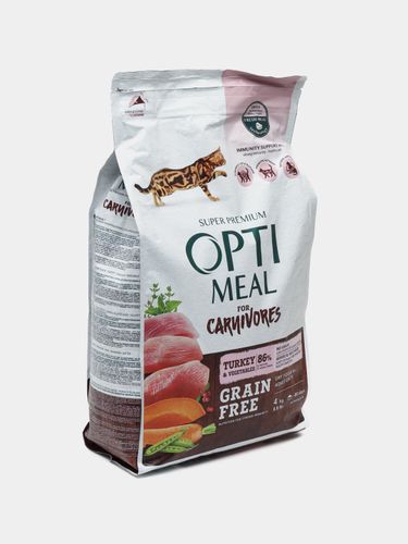 Сухой без зерновой корм Opti meal для взрослых кошек, с индейкой и овощами, 4 кг