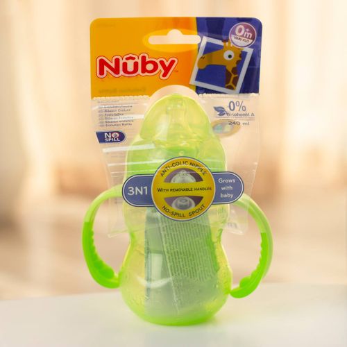 Бутылочка Nuby Тренировочная с соской и ручками Evolution Bottle 3в1, 300 мл, Салатовый