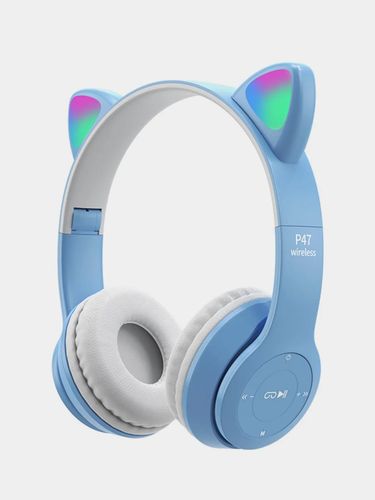 Беспроводные Bluetooth наушники с кошачьими светящимися ушками Cat Ear P47 M, Синий