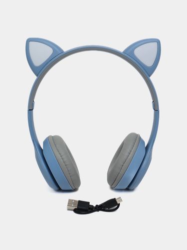 Беспроводные Bluetooth наушники с кошачьими светящимися ушками Cat Ear P47 M, Синий, купить недорого