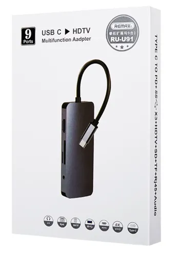 USB-концентратор Remax RU-U91 HDMI + PD + RJ45 9in1, Серебристый, 48500000 UZS