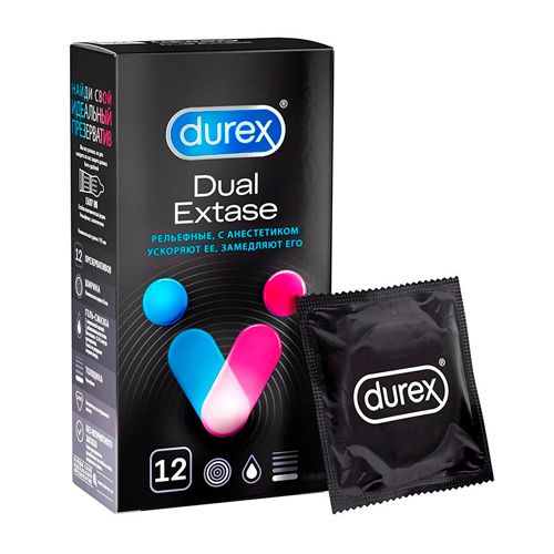 Презервативы Durex Dual Extase с анестетиком рельефные, 12 шт