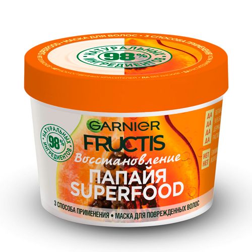 Sochlar uchun niqob Garnier Fructis 3в1 Superfood Zararlangan sochlar uchun papayya, 390 ml