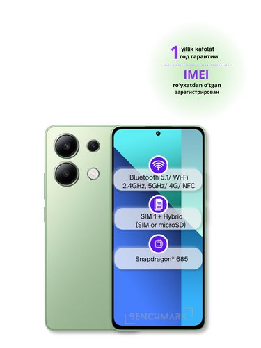 Smartfon Xiaomi Redmi Note 13, 1 yil kafolat, Mint Green, 8/128 GB