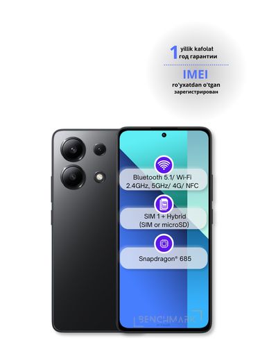 Smartfon Xiaomi Redmi Note 13, 1 yil kafolat, Midnight Black, 8/256 GB