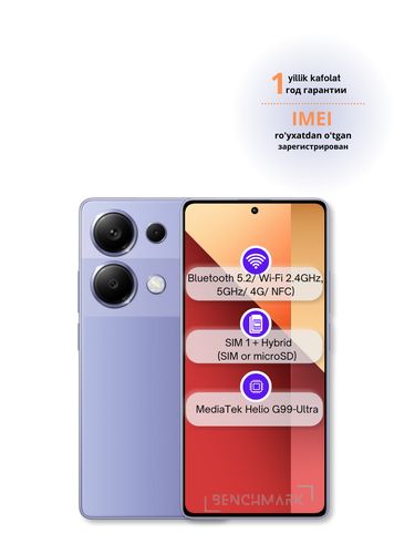 Smartfon Xiaomi Redmi Note 13 Pro, 1 yil kafolat, Lavender Purple, 8/256 GB