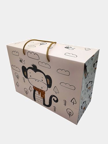 Коробка-пакет для подарочной упаковки с рисунком обезьянки, 19х28х12 см, Кремовый, купить недорого