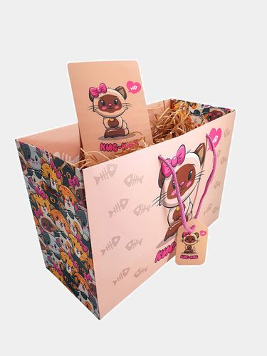 Коробка-пакет для подарочной упаковки с рисунком кошечки, 19х28х12 см, Пудровый