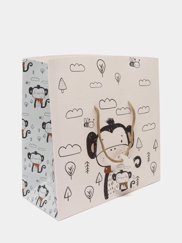 Коробка-пакет для подарочной упаковки с рисунком обезьянки, 19х28х12 см, Кремовый, в Узбекистане