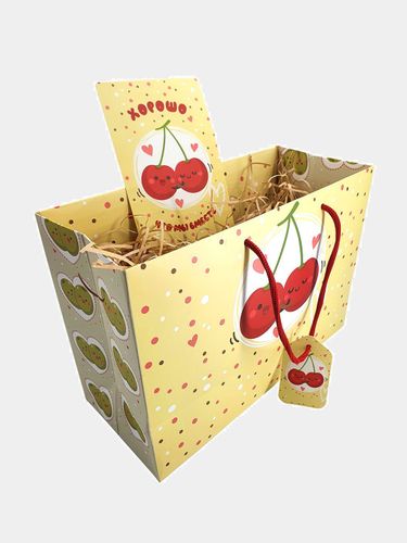 Коробка-пакет для подарочной упаковки с рисунком вишни, 19х28х12 см, Желтый