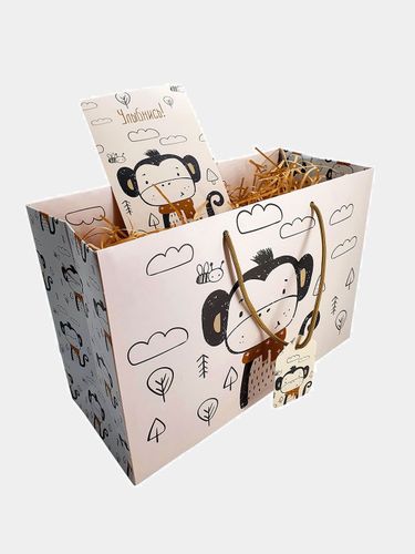 Коробка-пакет для подарочной упаковки с рисунком обезьянки, 19х28х12 см, Кремовый