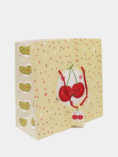 Коробка-пакет для подарочной упаковки с рисунком вишни, 19х28х12 см, Желтый, фото