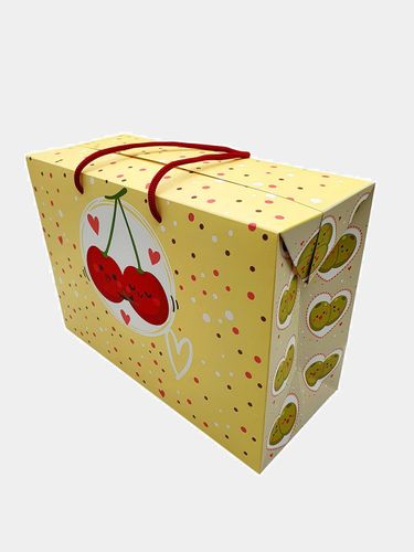 Коробка-пакет для подарочной упаковки с рисунком вишни, 19х28х12 см, Желтый, 4990000 UZS