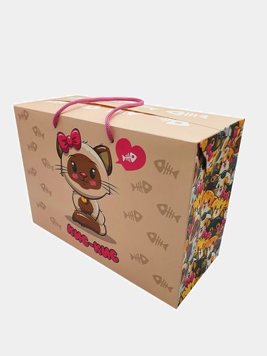 Коробка-пакет для подарочной упаковки с рисунком кошечки, 19х28х12 см, Пудровый, купить недорого