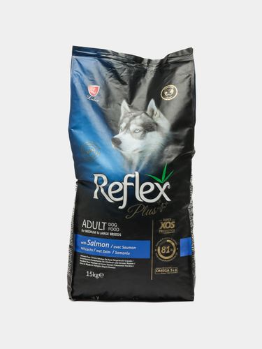 Quruq yem Reflex Plus Adult Dog o'rta va yirik zotlar uchun losos bilan, 15 kg