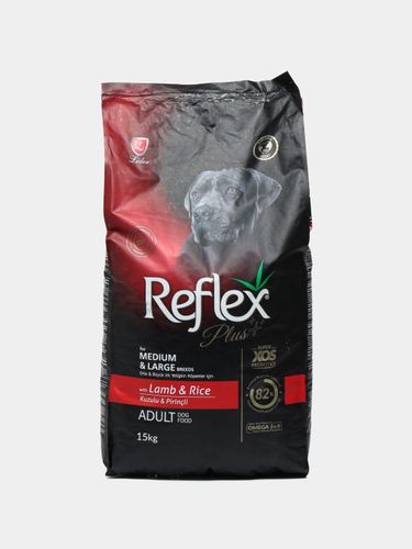 Quruq yem Reflex Plus Adult Dog Food o'rta va yirik zotlar uchun qo'zichoq va guruch bilan, 15 kg