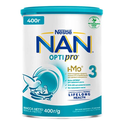 Chaqaloqlar uchun sut Nestle NAN 3 OPTIPRO immunitetni oshirish va miya rivojlanishi uchun, 12 oydan boshlab, 400 g