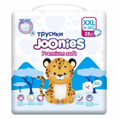 Трусики-подгузники Joonies Premium soft, XXL 15-20 кг, 28 шт, Разноцветный