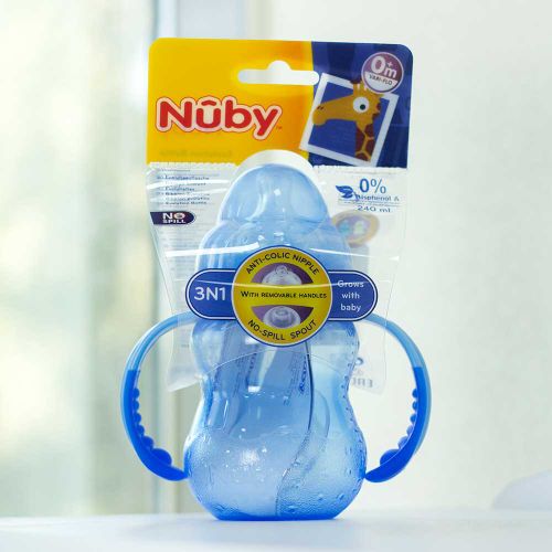 Бутылочка тренировочная Nuby с соской и ручками Evolution Bottle 3в1 NB070, 240 мл, Синий