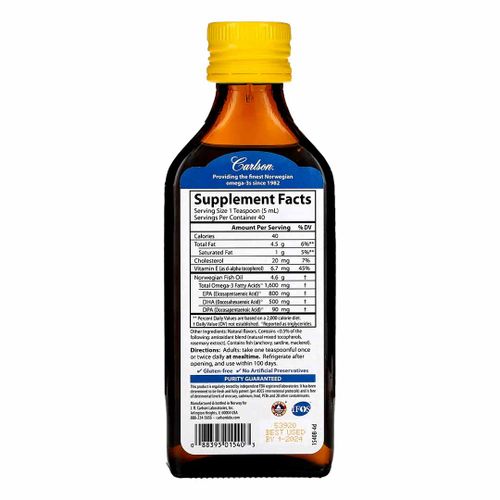 Рыбий жир Омега-3s 1600 mg Carlson Cod Liver Oil с лимоном 1540B-4d, 200 мл