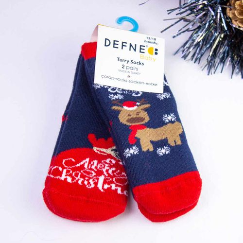 Набор новогодних махровых носков Defne Baby 2 пары Олень Merry Cristmas DFN2H-U003-22A, Синий