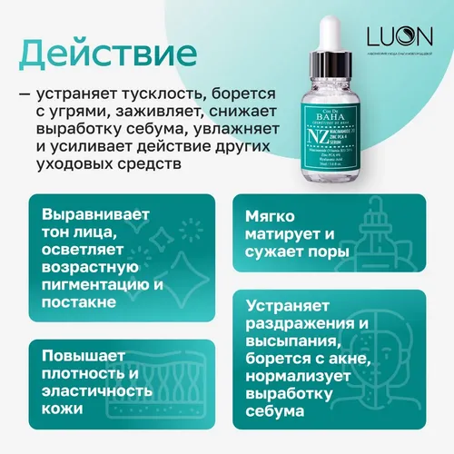 Сыворотка для предотвращения акне Cos De BAHA Niacinamide 20% + Zinc 4% Serum, 30 мл, купить недорого