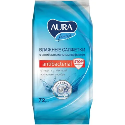 Влажные салфетки c антибактериальным эффектом Aura, 72 шт