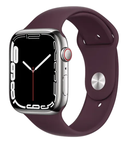 Часы Apple Watch Series 7, Silver Stainless Steel Case with Dark Cherry Sport Band, 45 мм