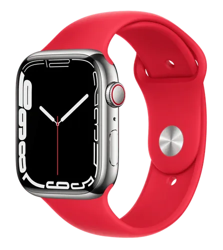 Часы Apple Watch Series 7, Silver Stainless Steel Case with Product Red Sport Band, 45 мм