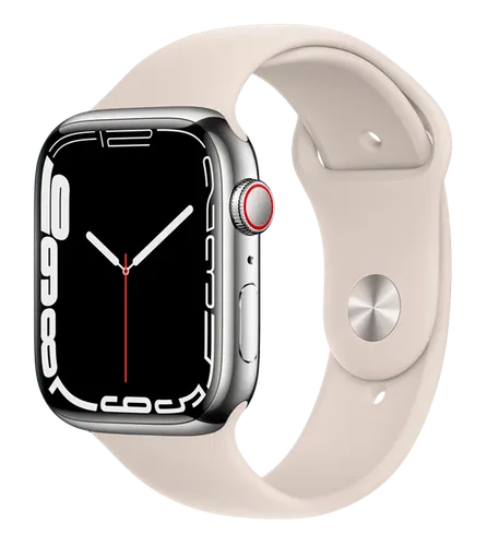 Часы Apple Watch Series 7, Silver Stainless Steel Case with Starlight Sport Band, 45 мм