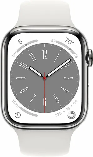 Часы Apple Watch Series 8, Silver Stainless Steel Case with White Sport Band, 45 мм, купить недорого