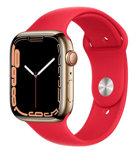 Часы Apple Watch Series 7, Gold Stainless Steel Case with Product Red Sport Band, 45 мм