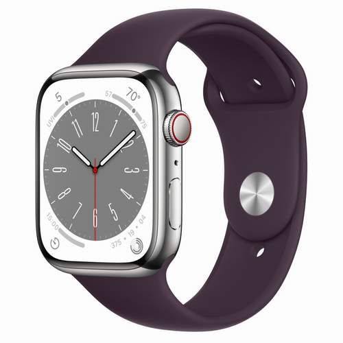 Часы Apple Watch Series 8, Silver Stainless Steel Case with Elderberry Sport Band, 45 мм