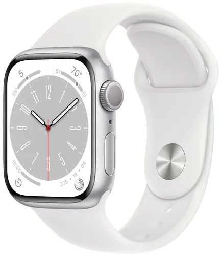 Часы Apple Watch Series 8, Silver Stainless Steel Case with White Sport Band, 45 мм