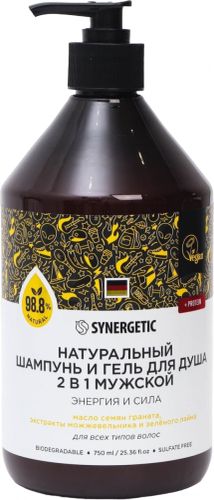 Шампунь гель для душа Synergetic мужской натуральный Энергия и сила, 750 мл